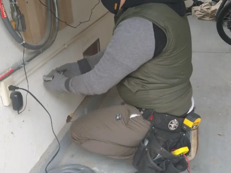 Electrician performing outlet wiring in a Viera West garage